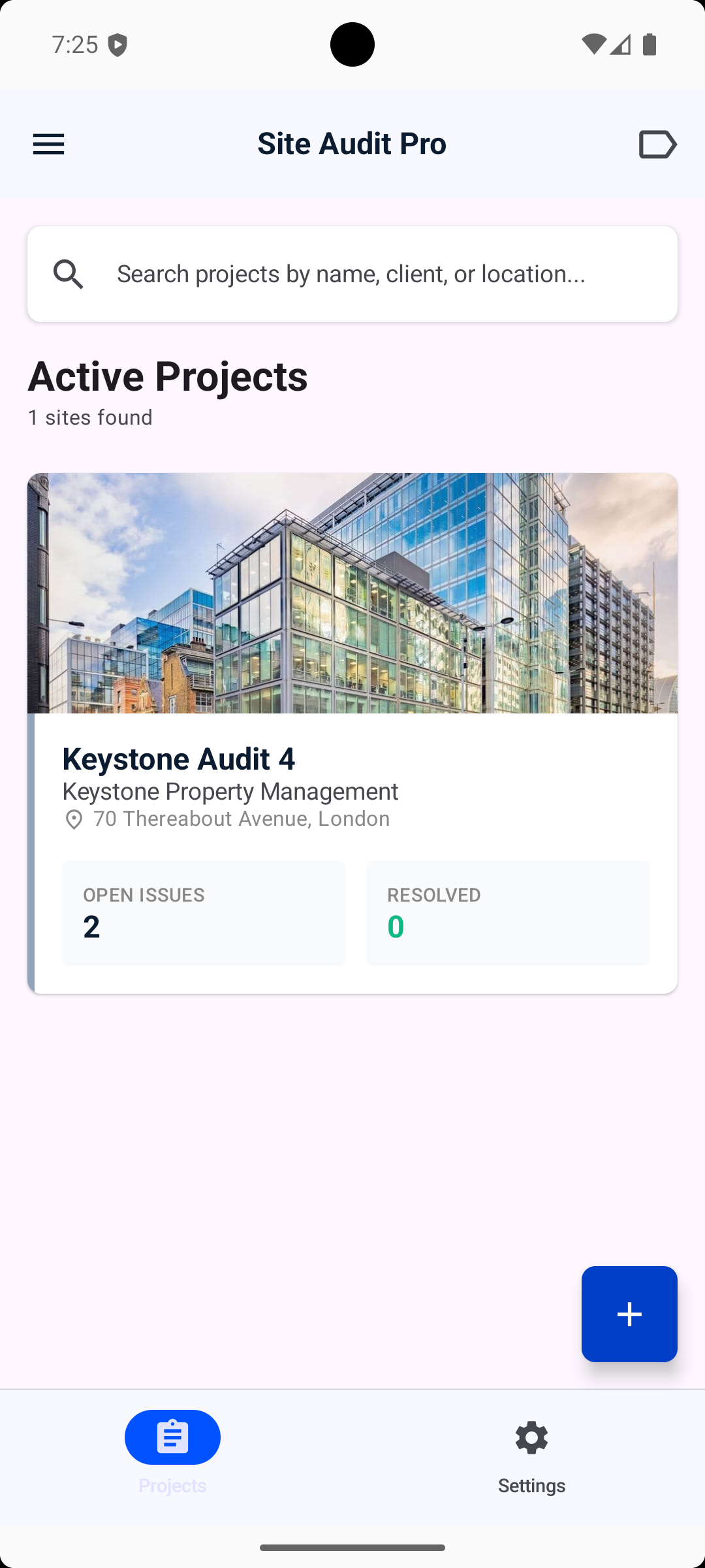 Site Auditor Professional active projects screen with project cards and search